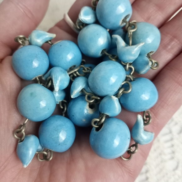Vintage Glazed Ceramic Blue Bird Bead Handmade Dangle Earrings Choker Necklace - Picture 5 of 5